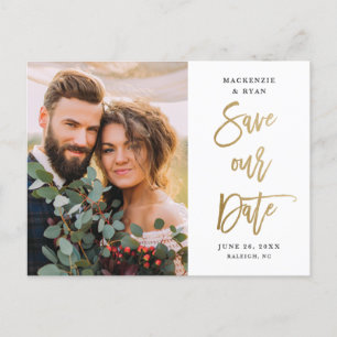 Modern Gold Script Wedding Photo Save The Date Announcement Postcard