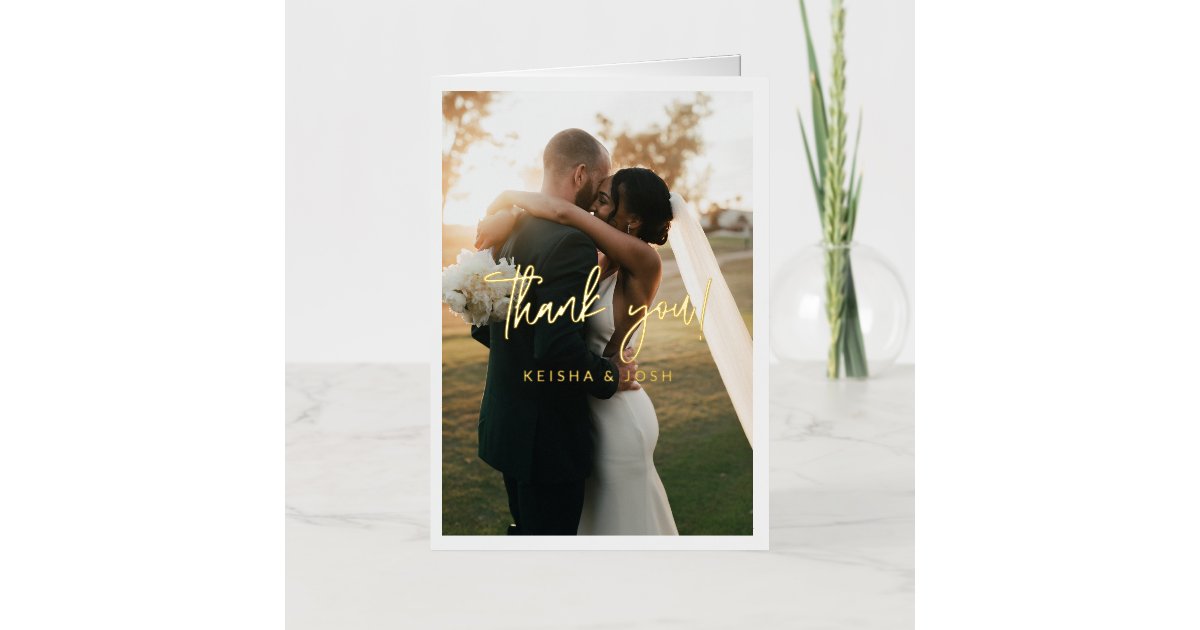 Modern Gold Script Wedding Photo Thank You Foil Greeting Card | Zazzle
