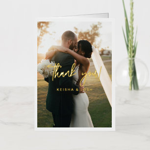 Modern Gold Script Wedding Photo Thank You Foil Greeting Card