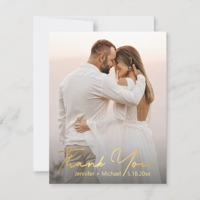 Modern Gold Script Wedding Photo Thank You  Note Card (Front)