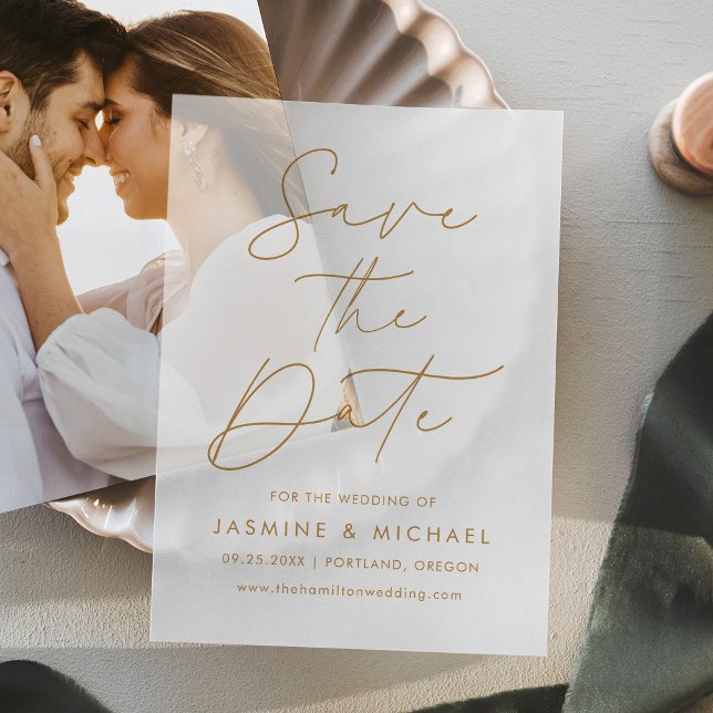 Modern Gold Script Wedding Save the Date Vellum Invitations (Creator Uploaded)