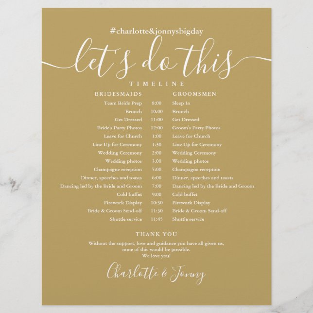 Modern Gold Script Wedding Schedule Timeline (Front)