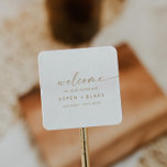Modern Gold Script Wedding Welcome Square Sticker<br><div class="desc">These modern gold script wedding welcome stickers are perfect for a minimalist wedding. The simple yellow gold color design features unique industrial lettering typography with modern boho style. Customizable in any color. Keep the design minimal and elegant, as is, or personalize it by adding your own graphics and artwork. Personalize...</div>