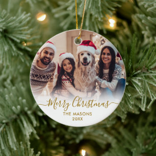 Modern Gold Script White2 Photo Merry Christmas Ceramic Ornament