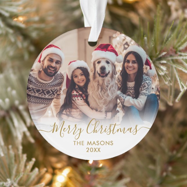 Modern Gold Script White 2 Photo Merry Christmas  Ornament (Tree)
