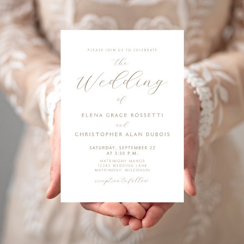 Modern Gold Script White Wedding Invitation