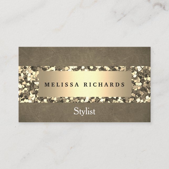 Modern Gold & Sequin Makeup Artist Stylish Business Card (Front)