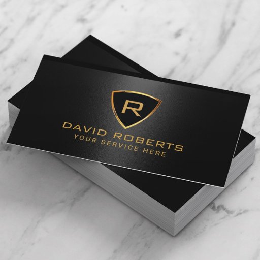 Customizable Modern Gold Shield Monogram Logo Black Metallic Business Card