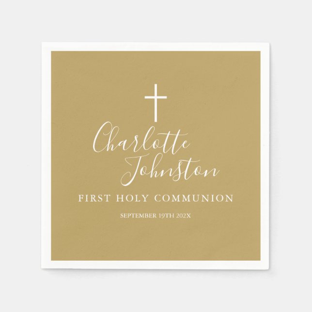 Modern Gold Signature Script First Holy Communion Napkins (Front)