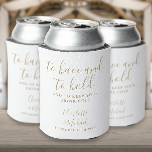 Modern Gold Signature Script Wedding Can Cooler