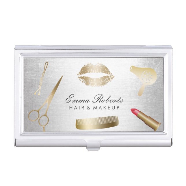 Modern Gold & Silver Beauty Salon Cosmetics Business Card Case (Front)