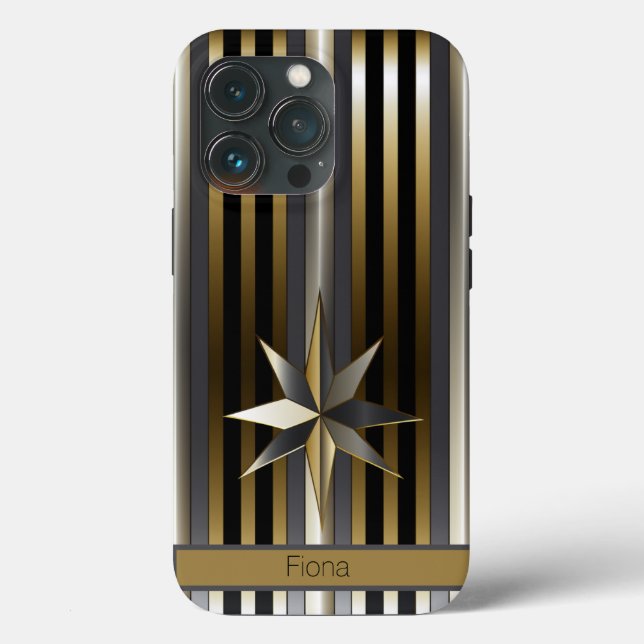 Modern Gold Silver & Black Striped with Star Case-Mate iPhone Case (Back)