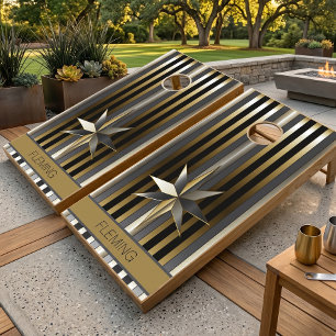 Modern Gold Silver & Black Striped with Star Cornhole Set