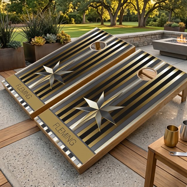 Modern Gold Silver & Black Striped with Star Cornhole Set (Creator Uploaded)