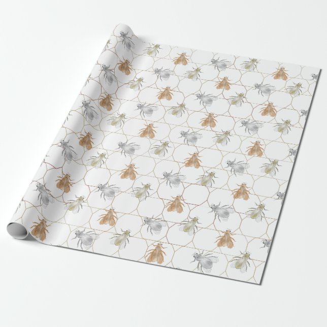 Modern Gold Silver Copper Metal Bees Wrapping Paper (Unrolled)