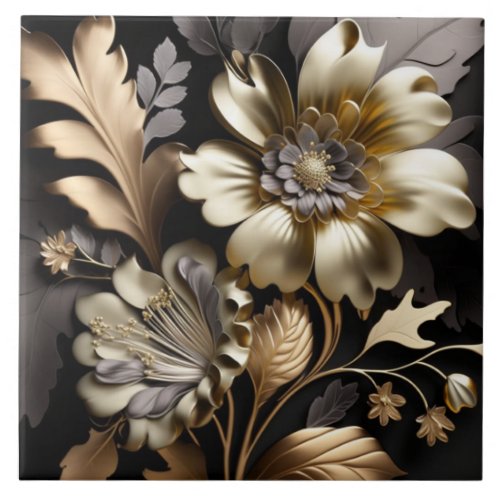 Modern gold silver flowers ceramic tile