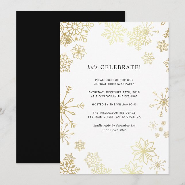 Modern Gold Snowflakes Christmas Party Invitation (Front/Back)