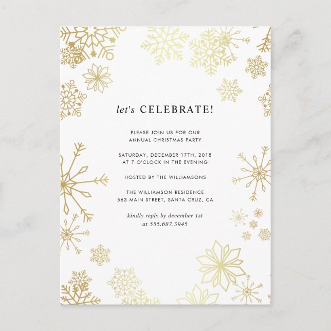 Modern Gold Snowflakes Christmas Party Postcard (Front)