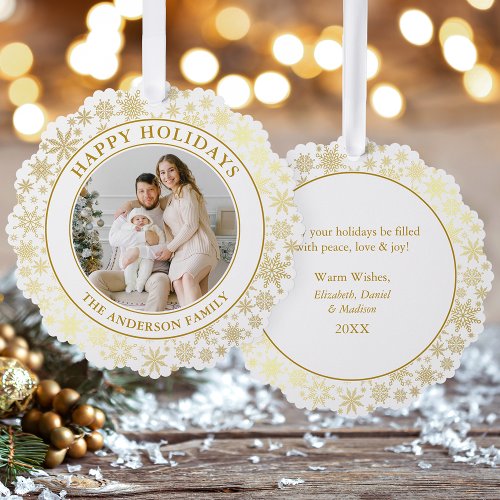 Modern Gold Snowflakes Happy Holidays Photo Ornament Card