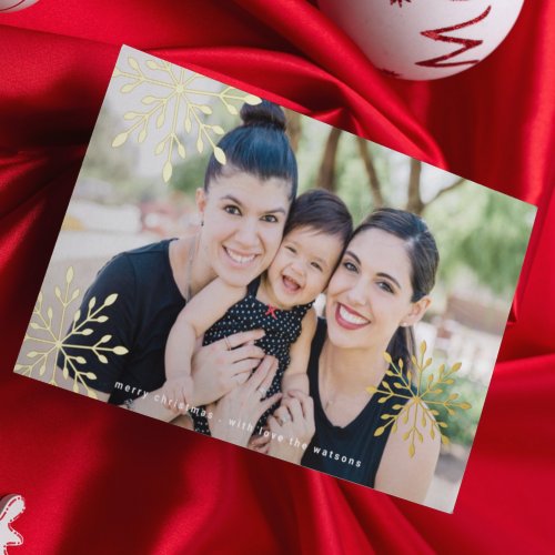 modern gold snowflakes merry christmas Photo Foil Holiday Card