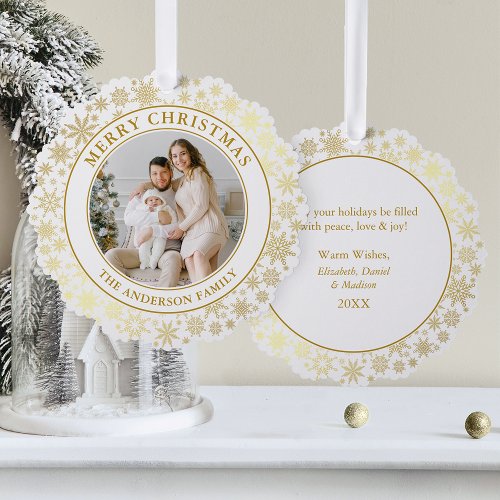 Modern Gold Snowflakes Merry Christmas Photo Ornament Card