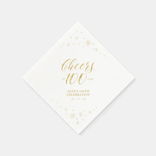 Modern Gold Sparkle & Cheers 100th Birthday Party  Napkins (Corner)