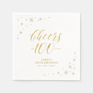 Modern Gold Sparkle & Cheers 100th Birthday Party Napkins