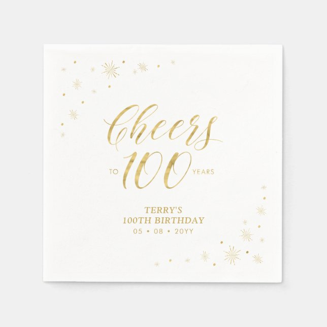 Modern Gold Sparkle & Cheers 100th Birthday Party Napkins (Front)