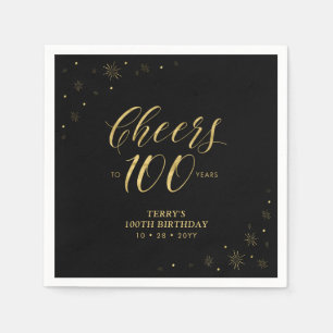 Modern Gold Sparkle & Cheers 100th Birthday Party Napkins