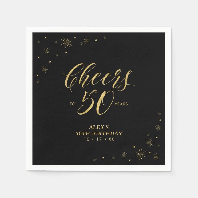 Modern Gold Sparkle & Cheers 50th Birthday Party Napkins (Front)