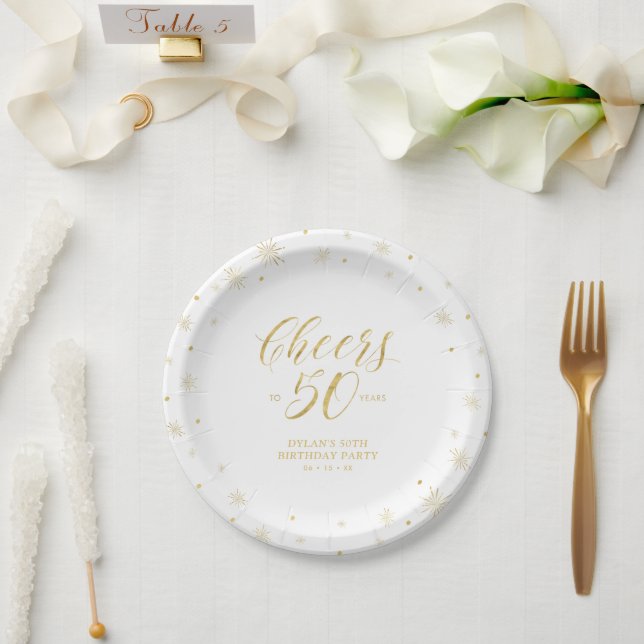 Modern Gold Sparkle & Cheers 50th Birthday Party Paper Plates (Wedding)