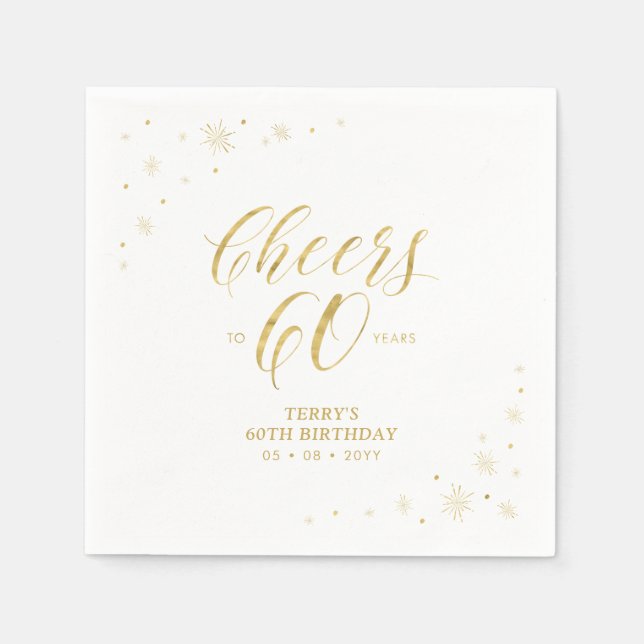 Modern Gold Sparkle & Cheers 60th Birthday Party Napkins (Front)