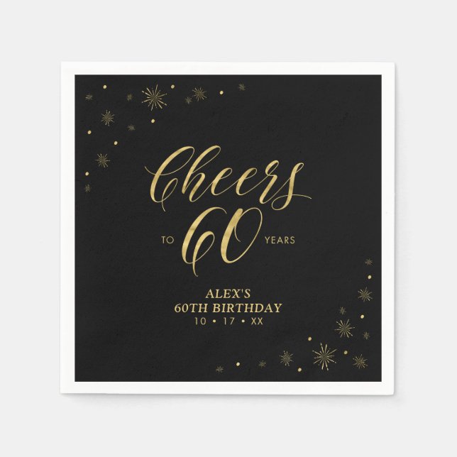 Modern Gold Sparkle & Cheers 60th Birthday Party Napkins (Front)