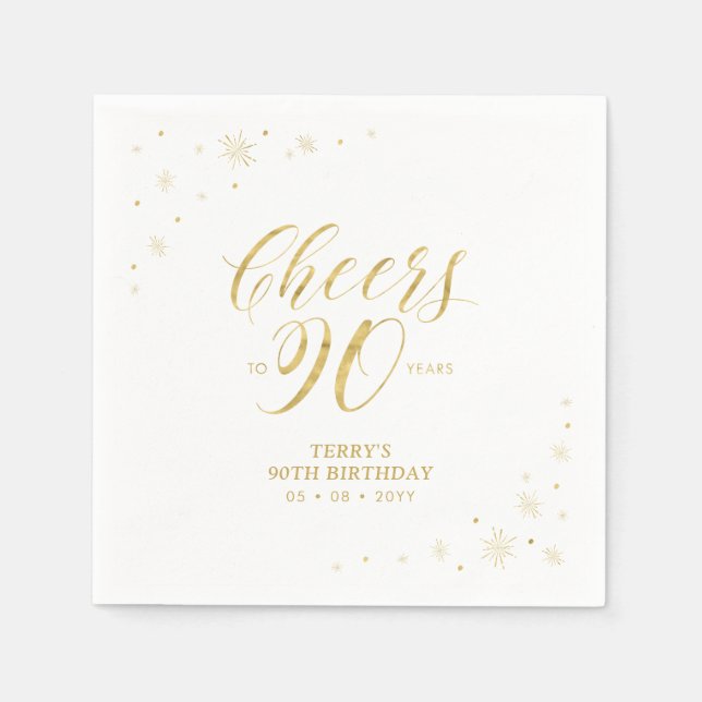 Modern Gold Sparkle & Cheers 90th Birthday Party Napkins (Front)