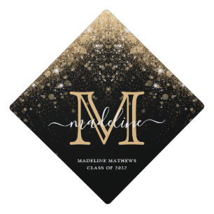 Modern Gold Sparkle Glitter Monogram Script Graduation Cap Topper