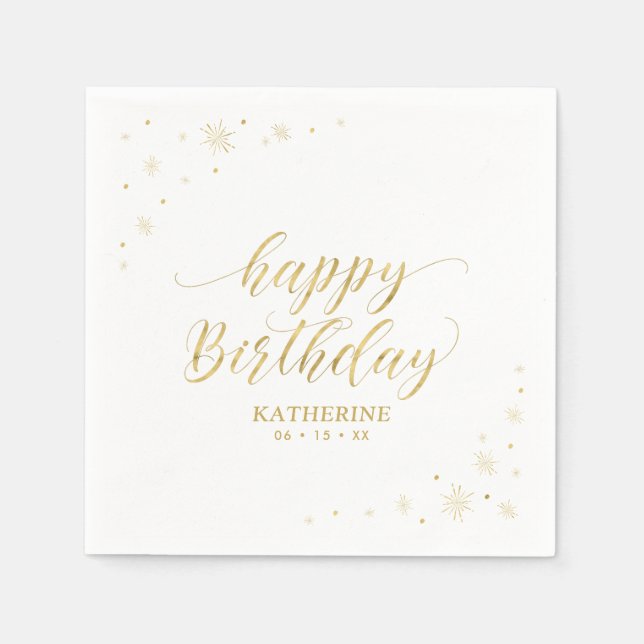 Modern Gold Sparkle Happy Birthday Paper Party Napkins (Front)