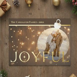 Modern Gold Sparkle Lights Joyful Bulb Photo Foil Holiday Card