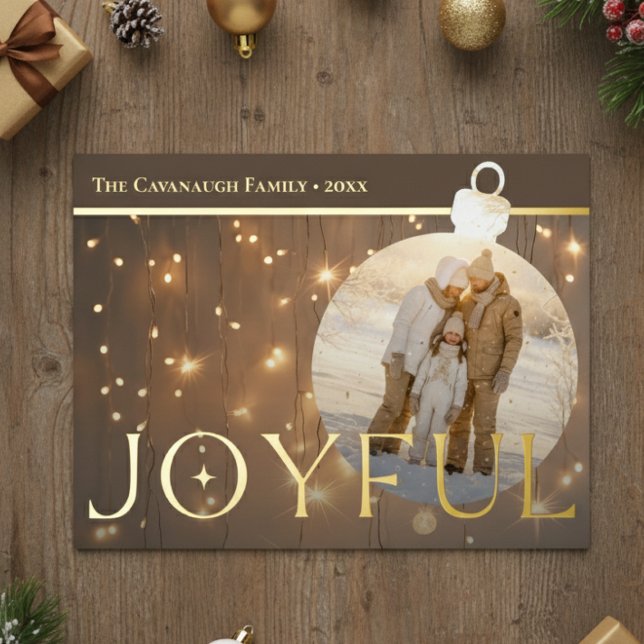 Modern Gold Sparkle Lights Joyful Bulb Photo Foil Holiday Card (Creator Uploaded)