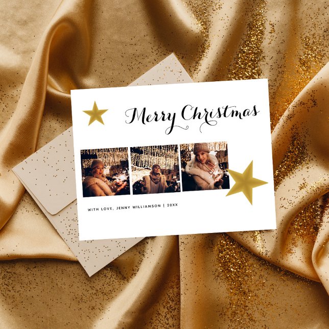 Modern Gold Star 3 Photo Collage Christmas Holiday Postcard (Creator Uploaded)
