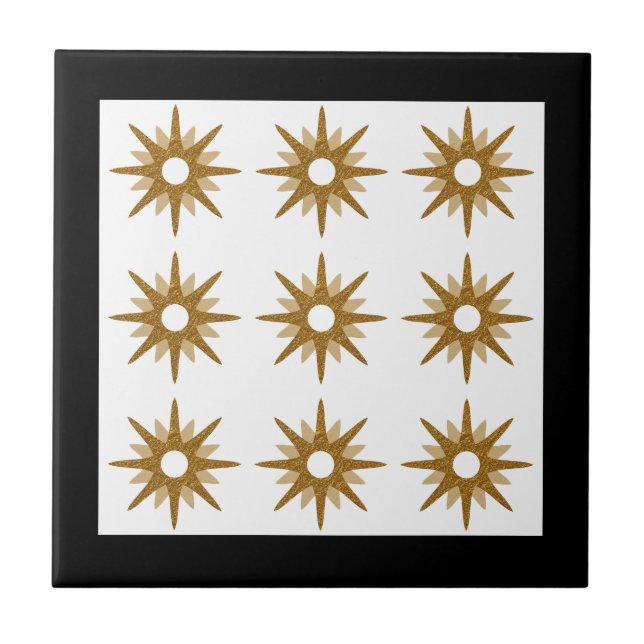 Modern Gold Starburst Pattern | Black Ceramic Tile (Front)