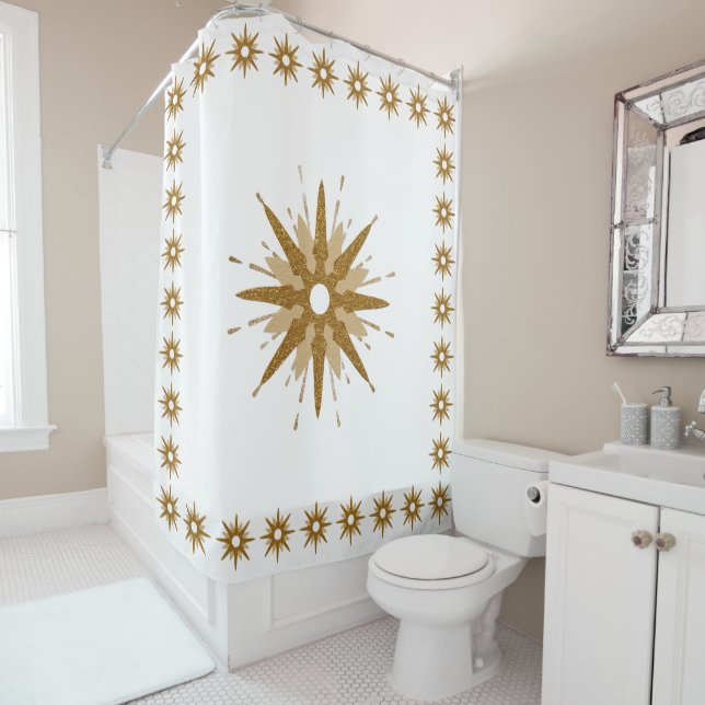 Modern Gold Starburst with Patterned Border Shower Curtain (In Situ)