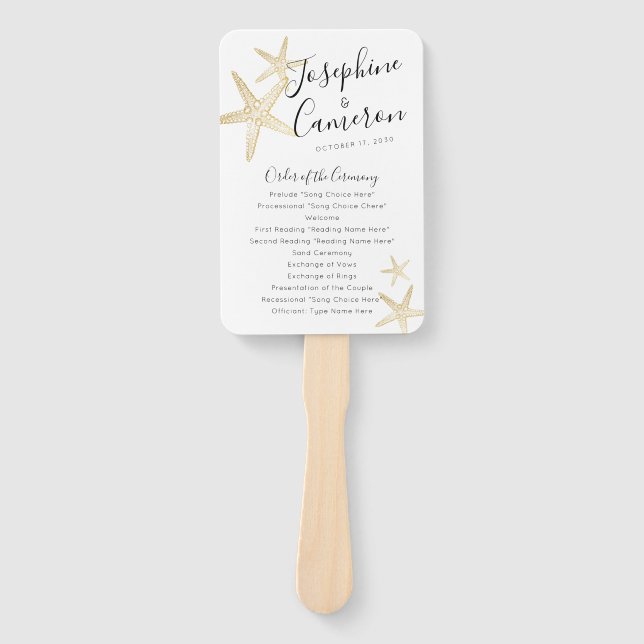 Modern Gold Starfish Beach Wedding Program Hand Fan (Front)