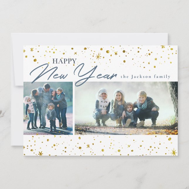 Modern Gold stars and dots New Year greeting Holiday Card (Front)