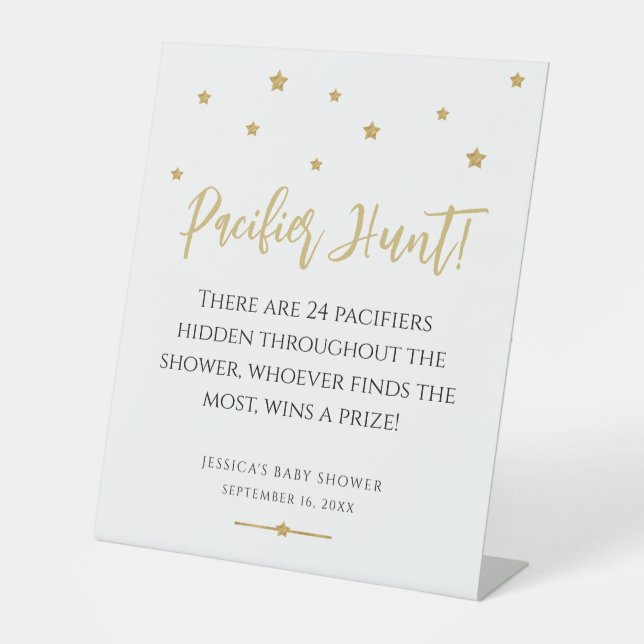 Modern Gold Stars Baby Shower Pacifier Hunt Game Pedestal Sign (Front)