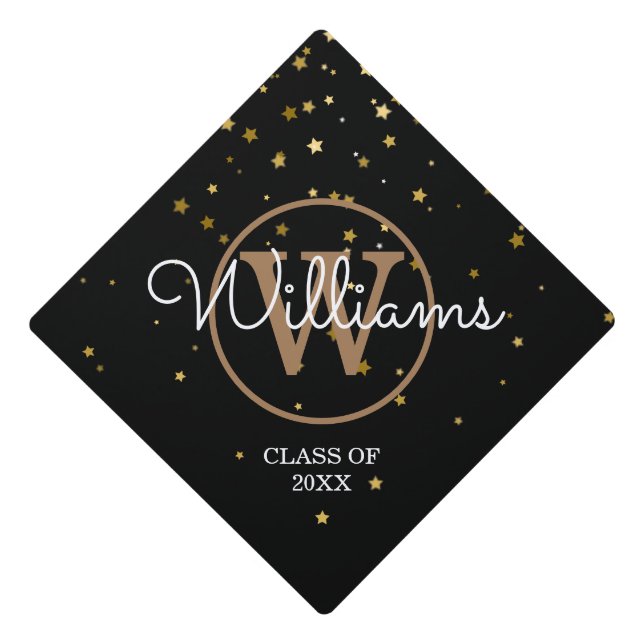 Modern Gold Stars Monogram Script Name Graduation Cap Topper (Front)