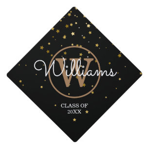 Modern Gold Stars Monogram Script Name Graduation Graduation Cap Topper