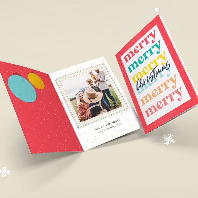 Modern Gold Stars Red Christmas Balls One Photo Card (Creator Uploaded)