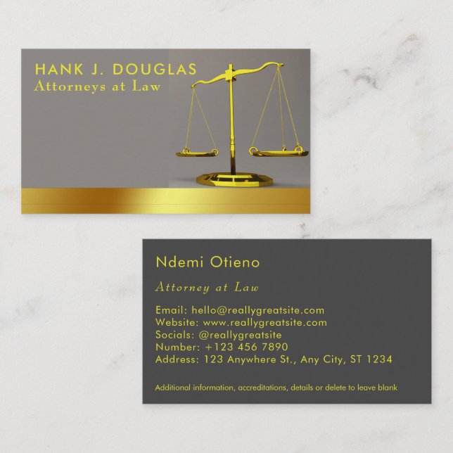 Modern Gold Stripe Gray Lawyer Attorney Business Card (Front/Back)