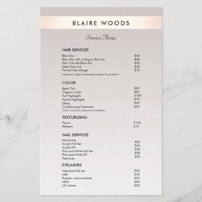 Modern Gold  Stripe Hair Salon Price List Menu Flyer (Front)