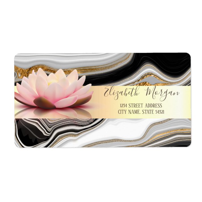  Modern Gold Stripe Lotus Gold Black Marble  Label (Front)